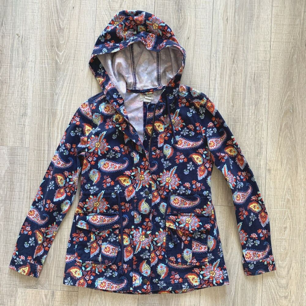 Levi’s  Hooded Jacket Blue Paisley Floral Print Zip Front Pockets Women’s XS